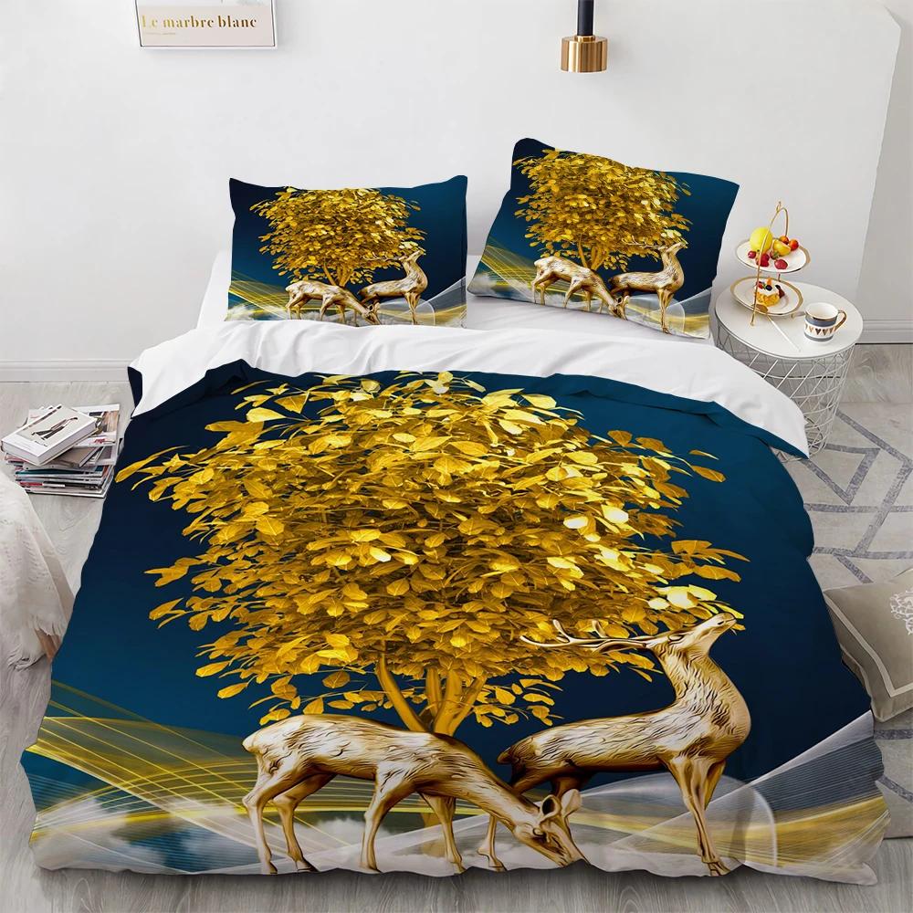 Cartoon Elk Duvet Cover King Queen Size Golden Deer Pattern Bedding Set for Teens Adults Wild Buck Quilt Cover with Pillowcase