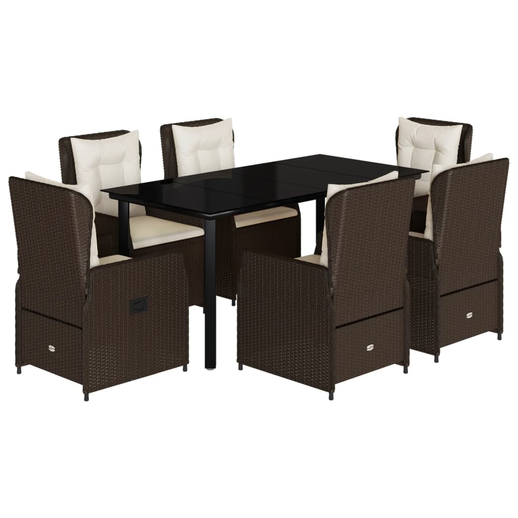 7 Piece Outdoor Dining Set with Cushions Brown Poly Rattan