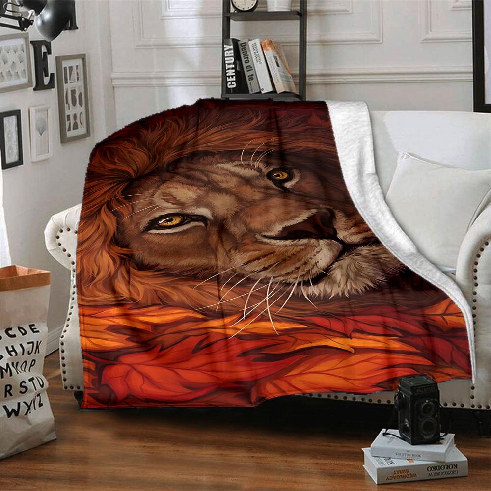 1pc Lion, Autumn Leaves Blanket Lightweight Flannel Blanket Throw Blanket For Sofa, Bed, Travel, Camping, Livingroom, Office, Couch, Chair, And Bed yy
