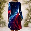 Women Dark Blue Galaxy Printed Criss Cross V Neck Long Sleeve Fitted Curved Hem Dress