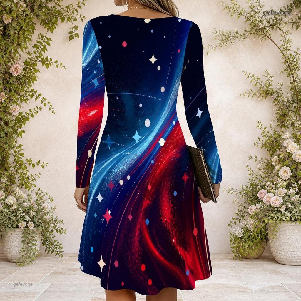 Women Dark Blue Galaxy Printed Criss Cross V Neck Long Sleeve Fitted Curved Hem Dress
