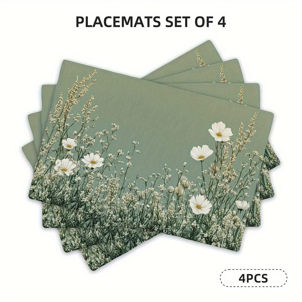 4pcs Sage Green Floral Placemats – Vintage Daisies & Wildflowers DesignWashable Polyester, Ideal for Indoor/Outdoor Dining