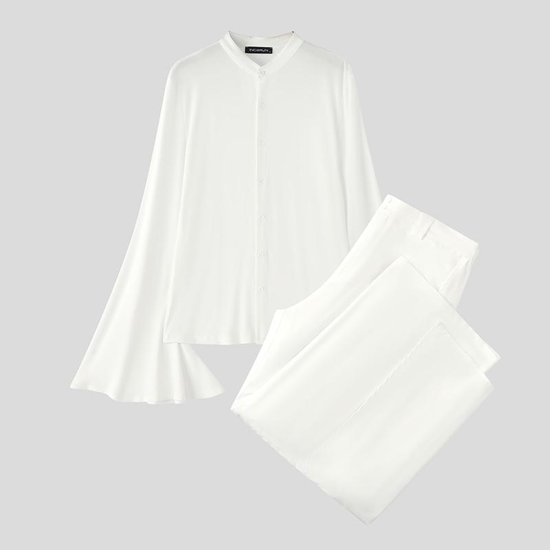 

INCERUN Мужские рубашки с длинным рукавом и расклешенным низом, комплекты брюк с широкими штанинами, наряды из двух частей 5XL белый