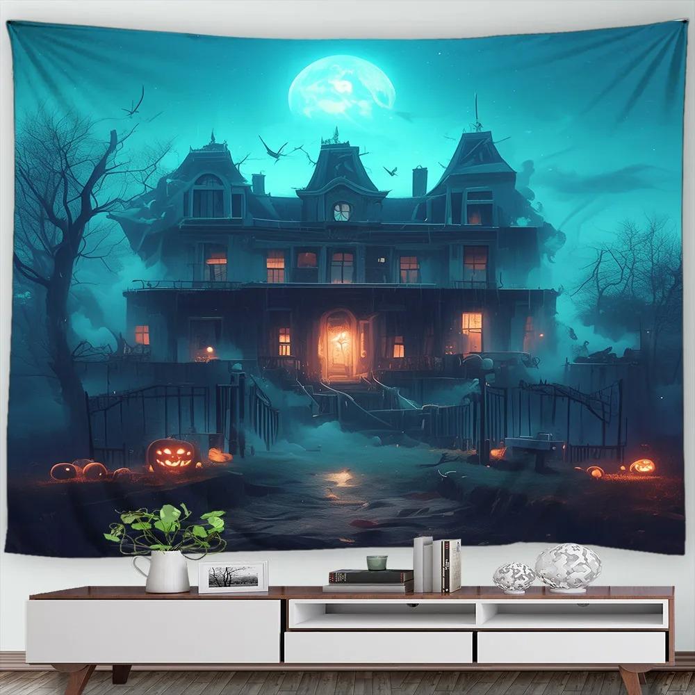 Halloween Decorative Tapestry Pumpkin Lantern Wall Hanging Full Moon Gothic Castle Ghost Bat Tapestry Home Room Decoration