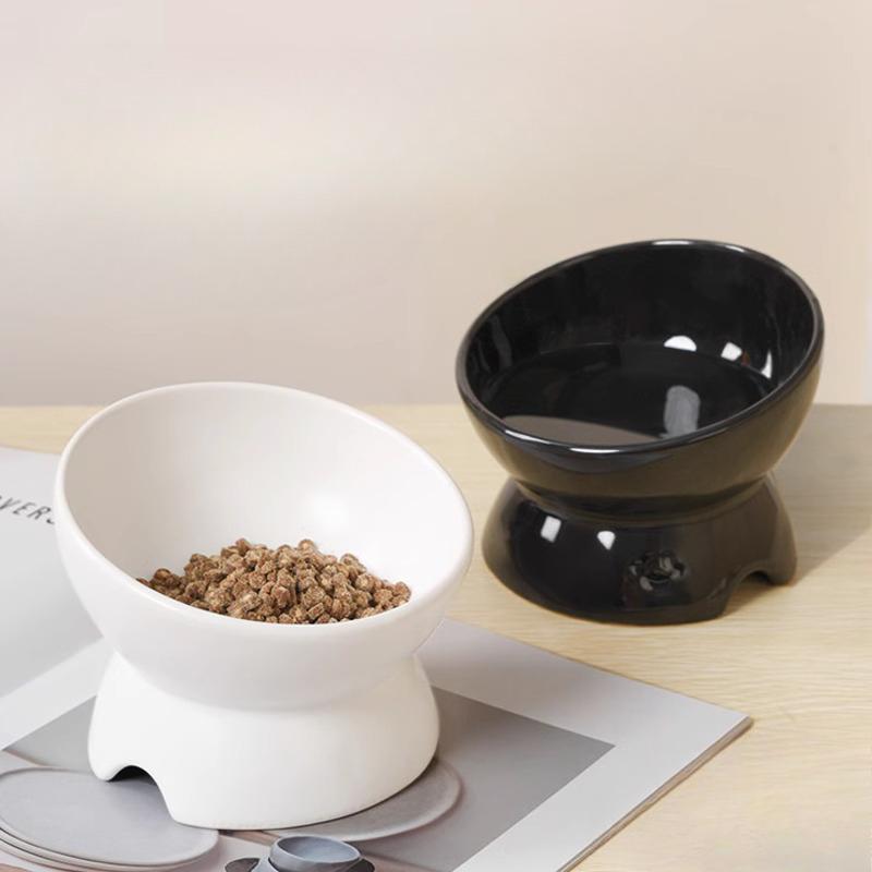 Creative Ceramic Tall Footed Drinking Water Food Bowls, Anti Overturning Neck Protection, Slanted Mouth, Cat Bowl, Supplies, 1Pc