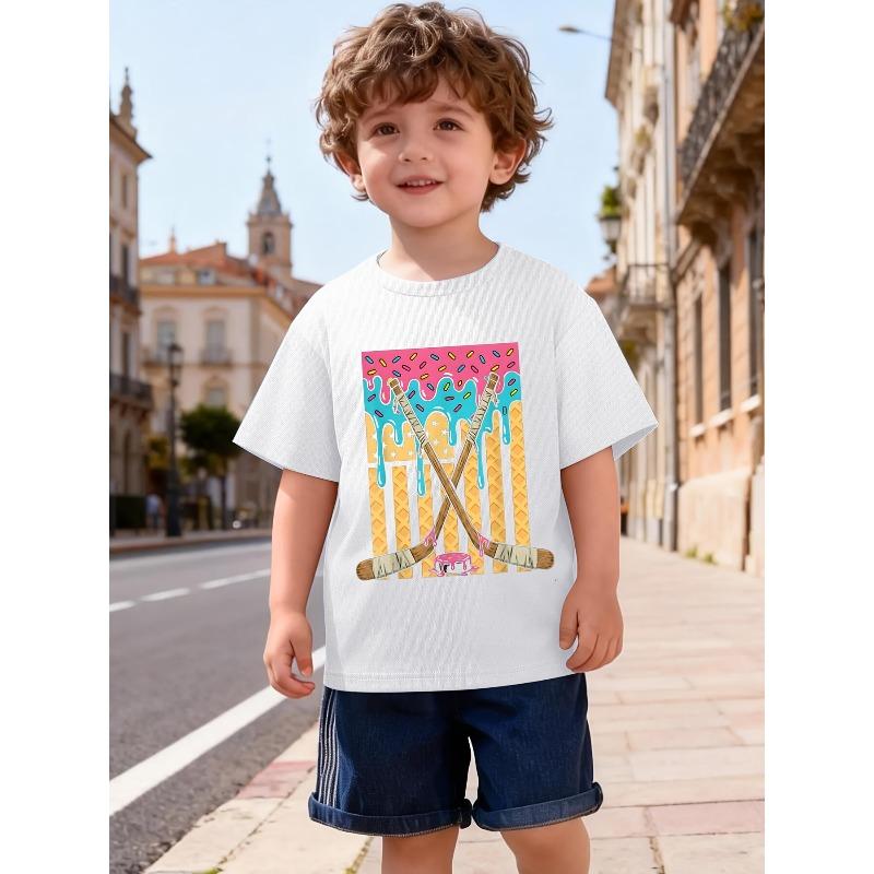 Boys Crew Neck Short Sleeve T-Shirt with Ice Cream Background & Hockey Print 110 белый