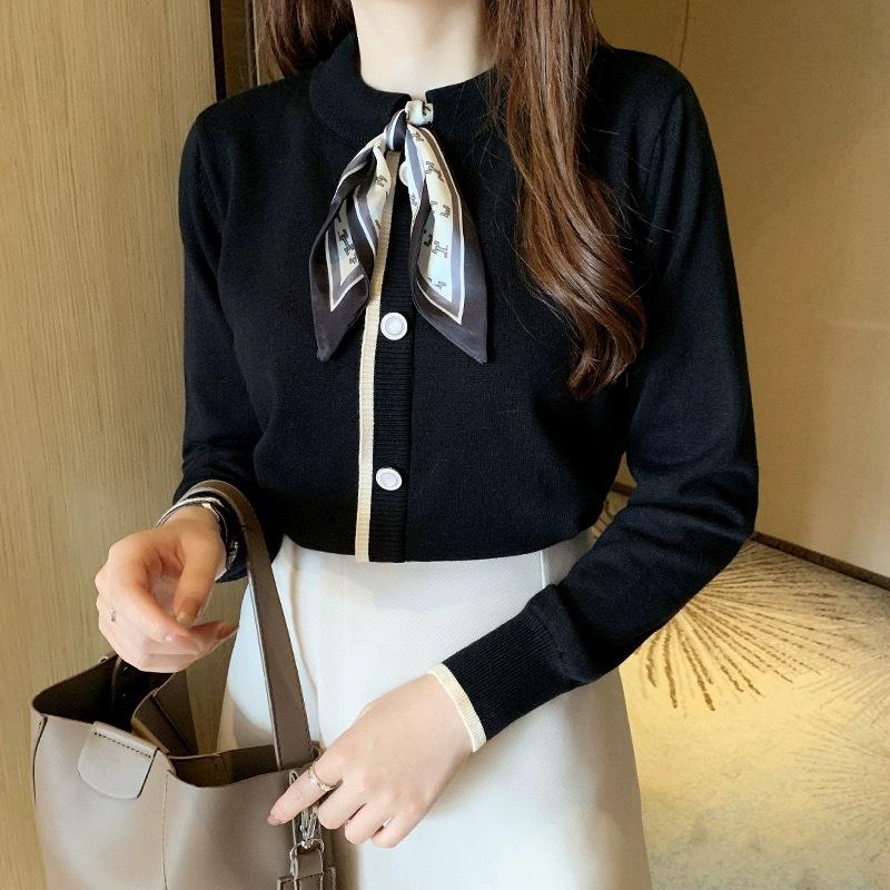 

Spring new round neck printed silk scarf ribbon long-sleeved fashionable slim versatile sweater S чёрный