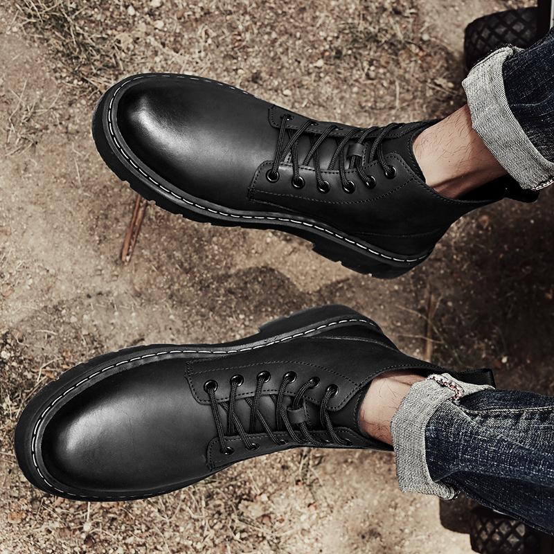 Men Outdoor Thick Bottom Round Head Waterproof Ankle Boots Fashion Non-Slip Leather Men's High Boots All-match Motorcycle Boots