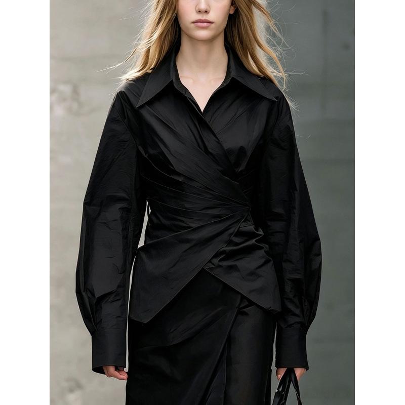 1116 European and American new French solid color fashion irregular waist and thin temperament long-sleeved shirt