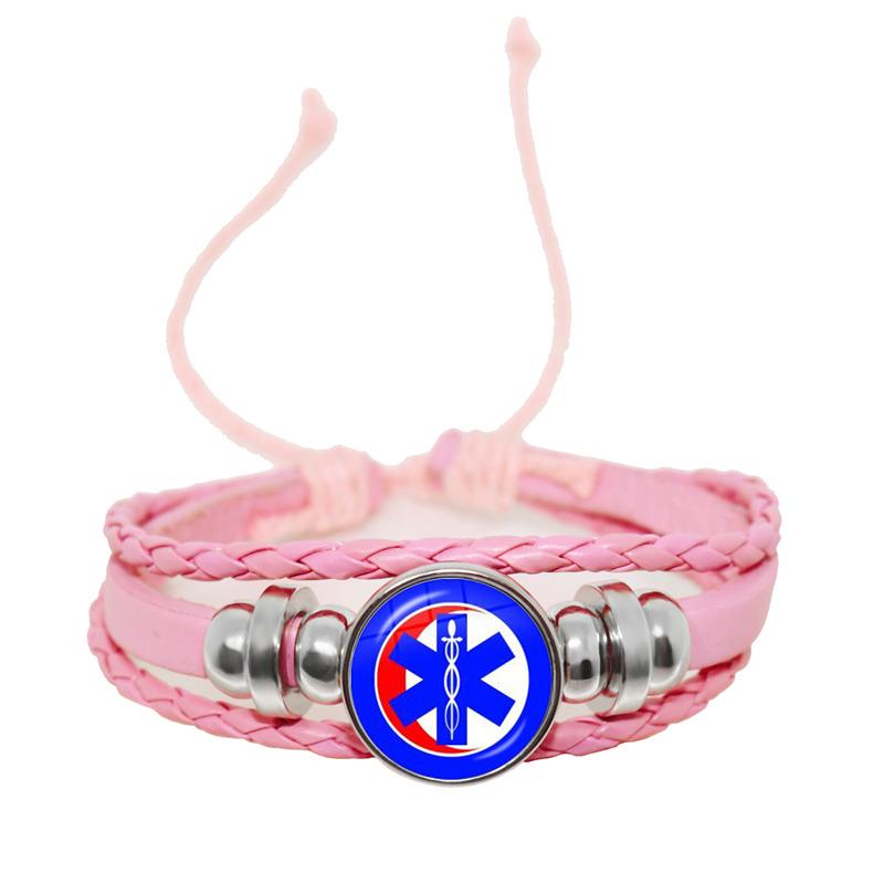 Emergency Medical Technician Paramedic Symbol Logo Black Button Leather Bracelet Glass Dome Blue Star of Life Logo Jewelry