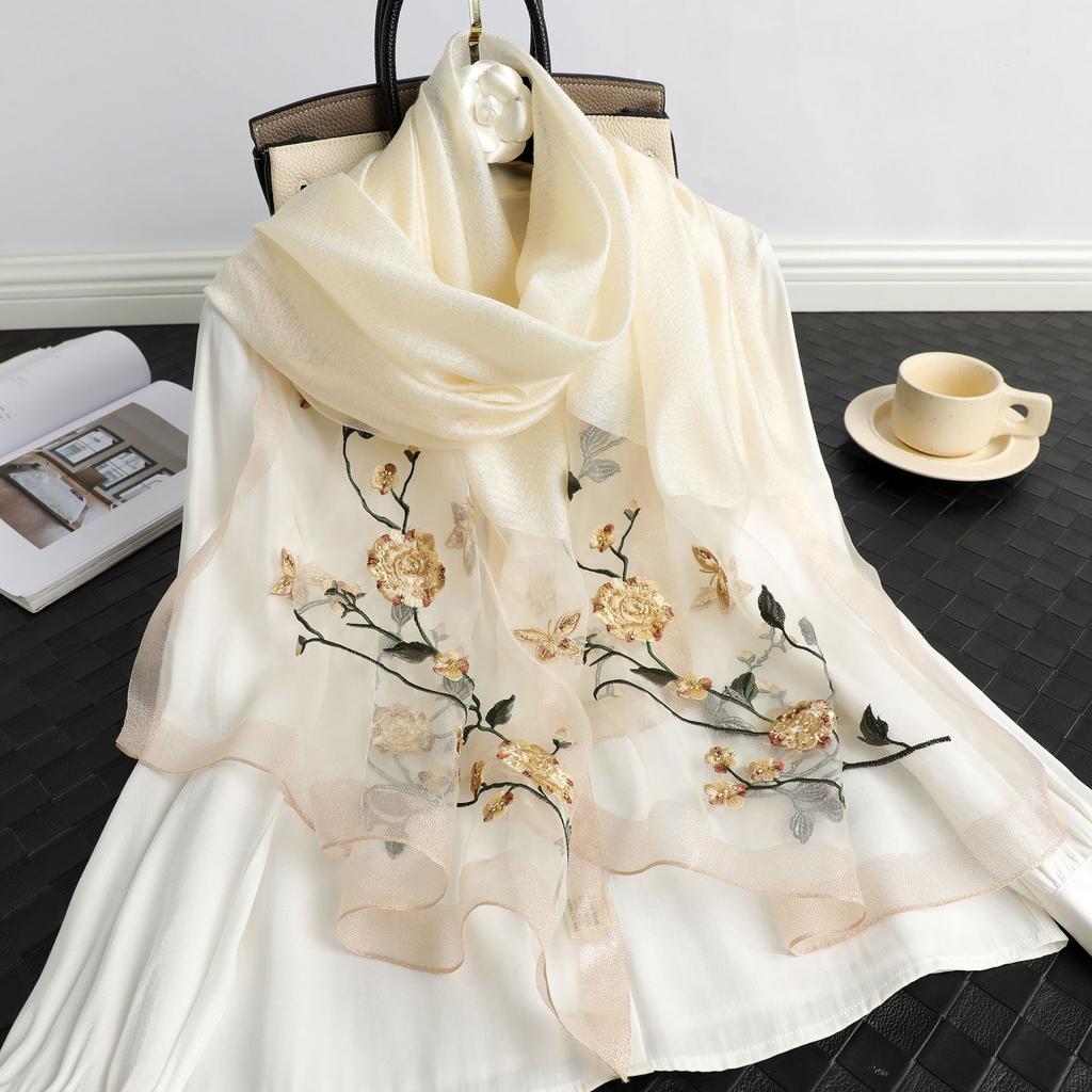 Lady Floral Embroidery Silk Wool Scarf Luxury Plaid Women Hijab Female Beach Stoles Shawl Wrap Headbands Scarves Bandana