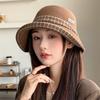 Retro plaid bucket hat women's autumn and winter curling edge shows a small washbasin hat versatile shows a small face big brim warm hat tide