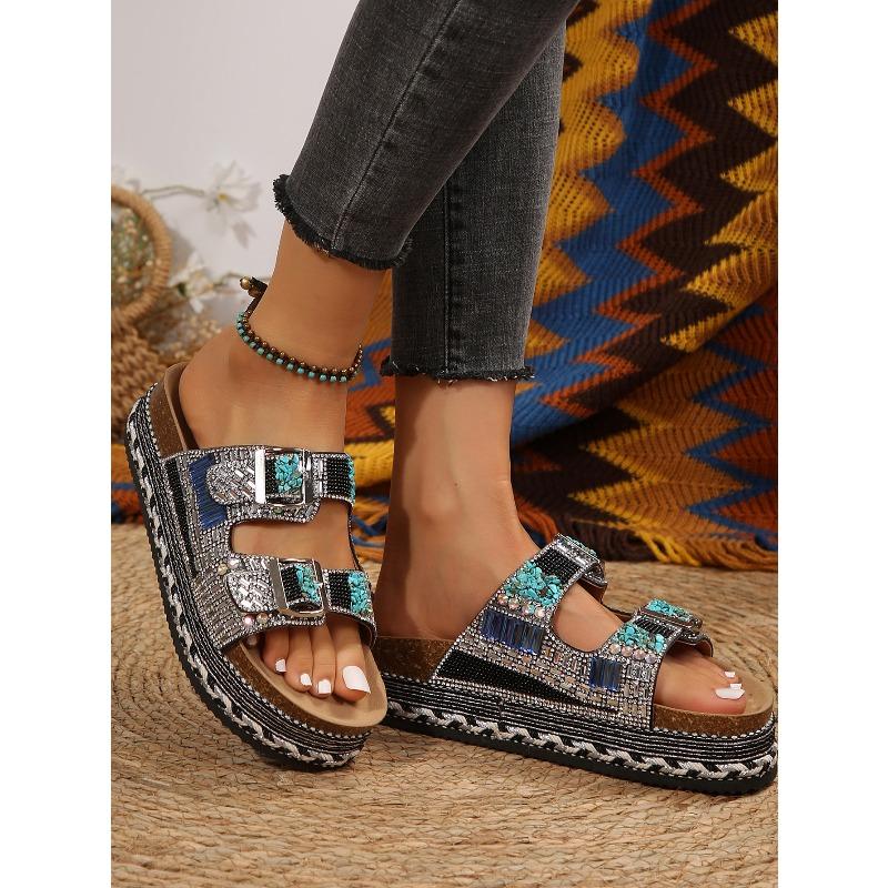 Nuove Sandali Estivi da Donna Taglie Forti Moda Suola Chunky Corda di Canapa Doppia Fibbia Strass Sughero Sandali da Spiaggia a Infradito