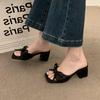 French High-end Satin Bow Thick Heel Cool Slippers Women's Wear 2025 New Summer Open-toed High Heels