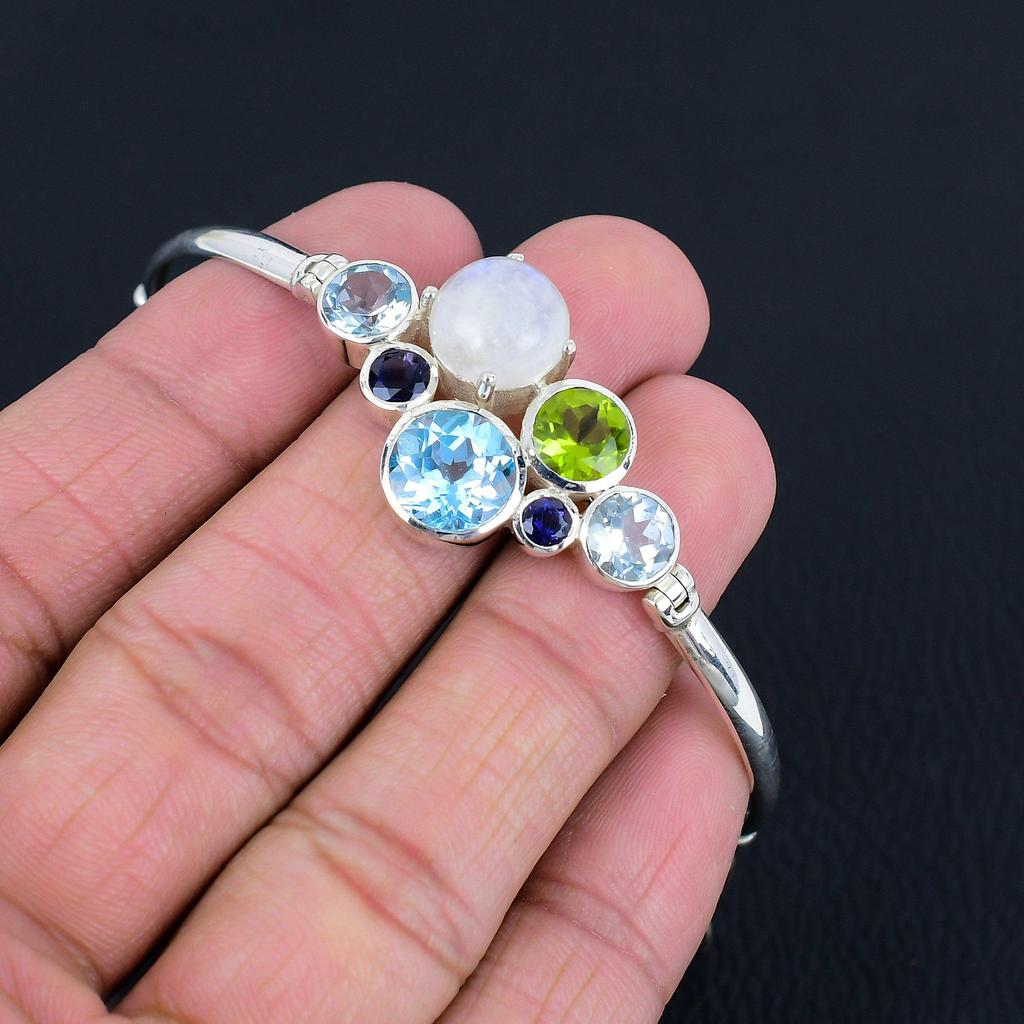Natural Blue Topaz & Moonstone Gemstone Bracelet, Solid 925 Sterling Silver, Handmade Bracelet Jewerly Gift For Women & Girls