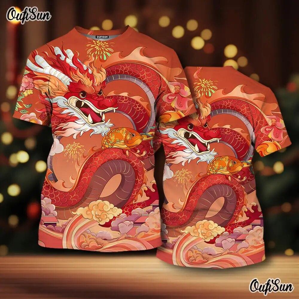 2024 Neujahr Herren T-Shirt Drache 3D-Druck Tiermuster Herren T-Shirt Chinesisches Jahr des Drachen Kurzarm rote Tops