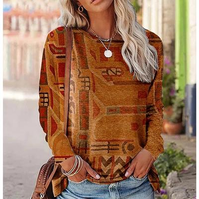 Rundhals 3D Ethnischer Musterdruck Lässige Langarm Damen T-Shirts - Weicher Mittlerer Stretch Polyesterstoff Frühling und Herbst Entspannte Passform Kleidung