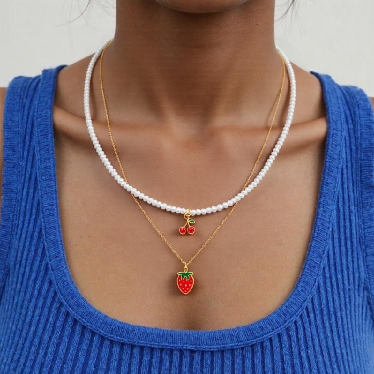 Multilayered Beaded Necklaces with Strawberry Pendant Handmade With Bead Materials Perfect For Everyday And Party Wear