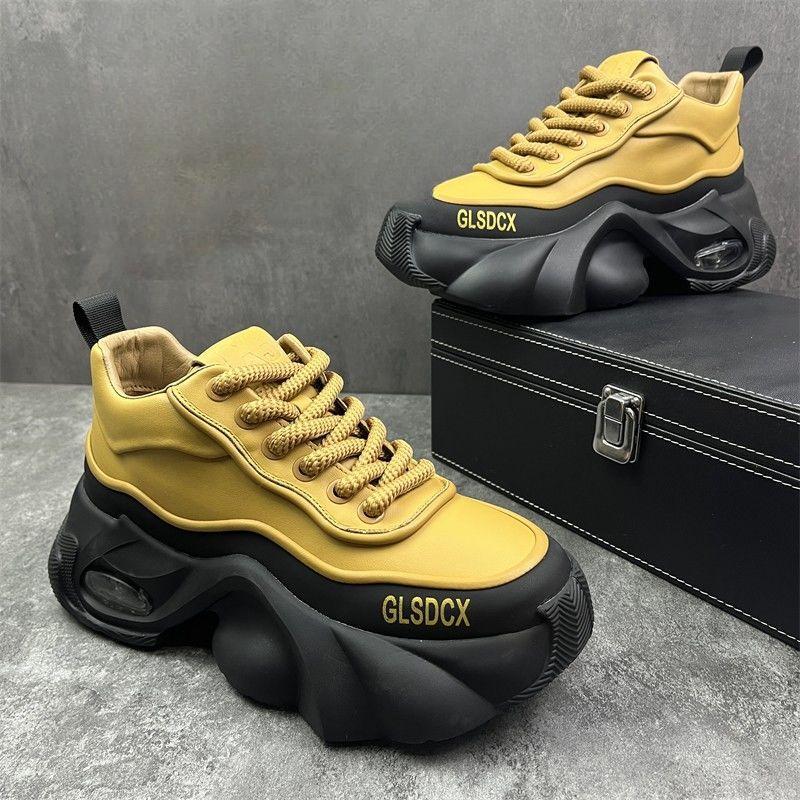 2024 Spring & Fall Men's Trendy Thick Sole Leather Sneakers - Non-slip & Wear-resistant.