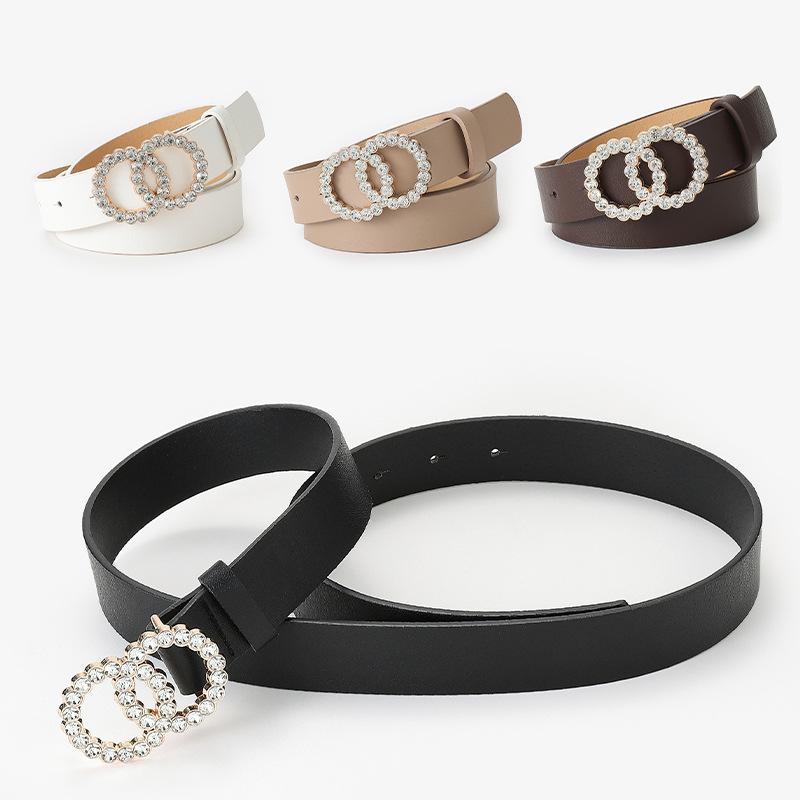 Double Circle Round Buckle Inlaid Rhinestones Sweet Decorative Dress Women'S Belt Jeans Belt