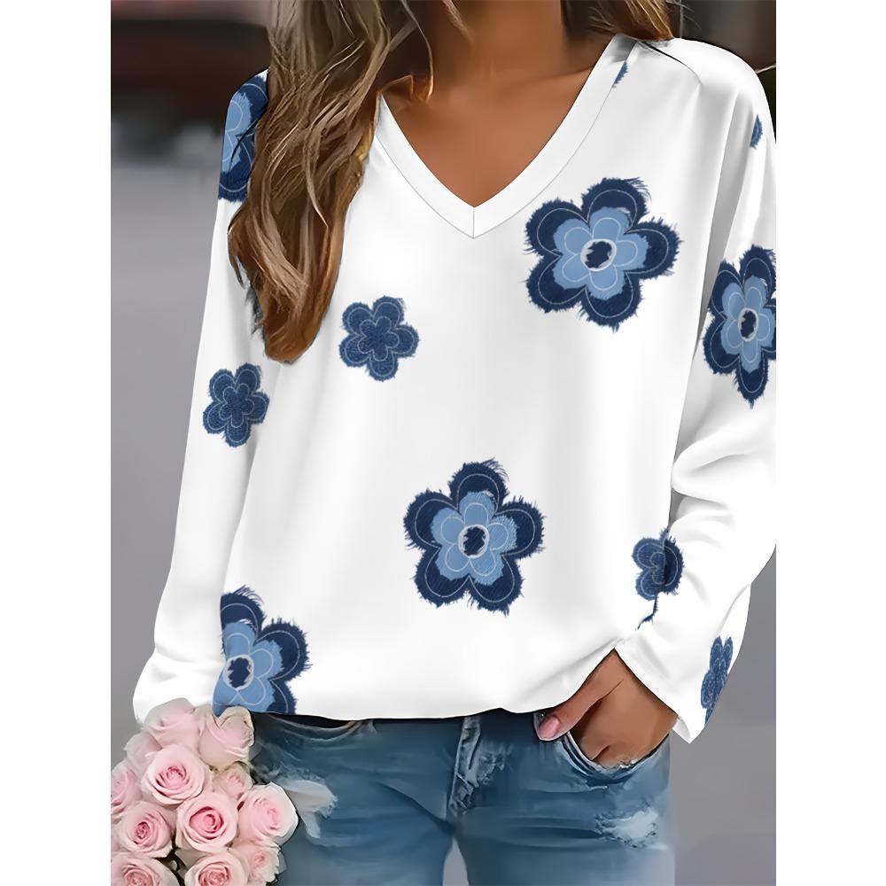 Women's autumn and winter new plus size fashion printed casual V-neck long-sleeved T-shirt