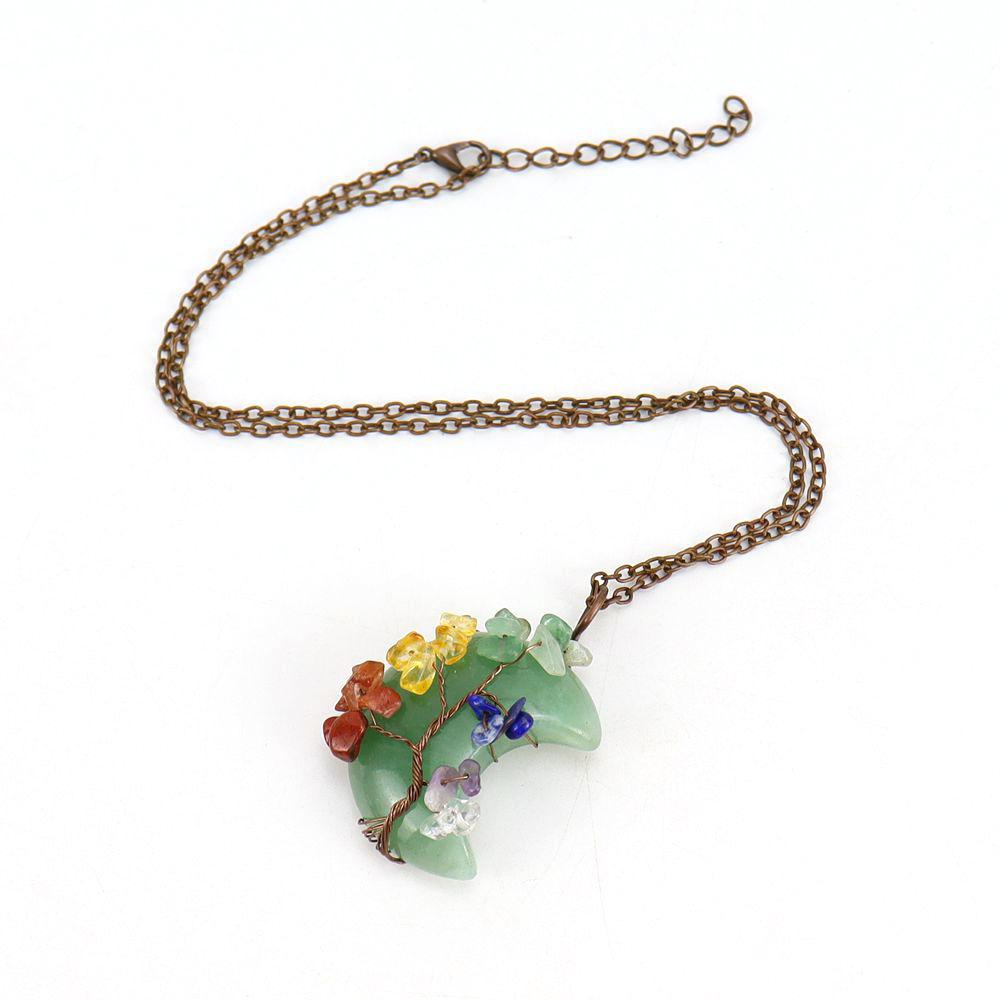 Vintage Handmade Winding Gravel Crystal Tree Of Life Natural Stone Moon Pendant N692