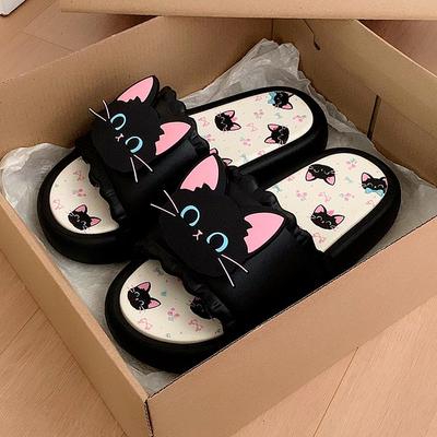 Cartoon Black Cat Non-Slip Flip-Flops - Cute, Comfortable Summer Slippers for Outdoor or Home Use