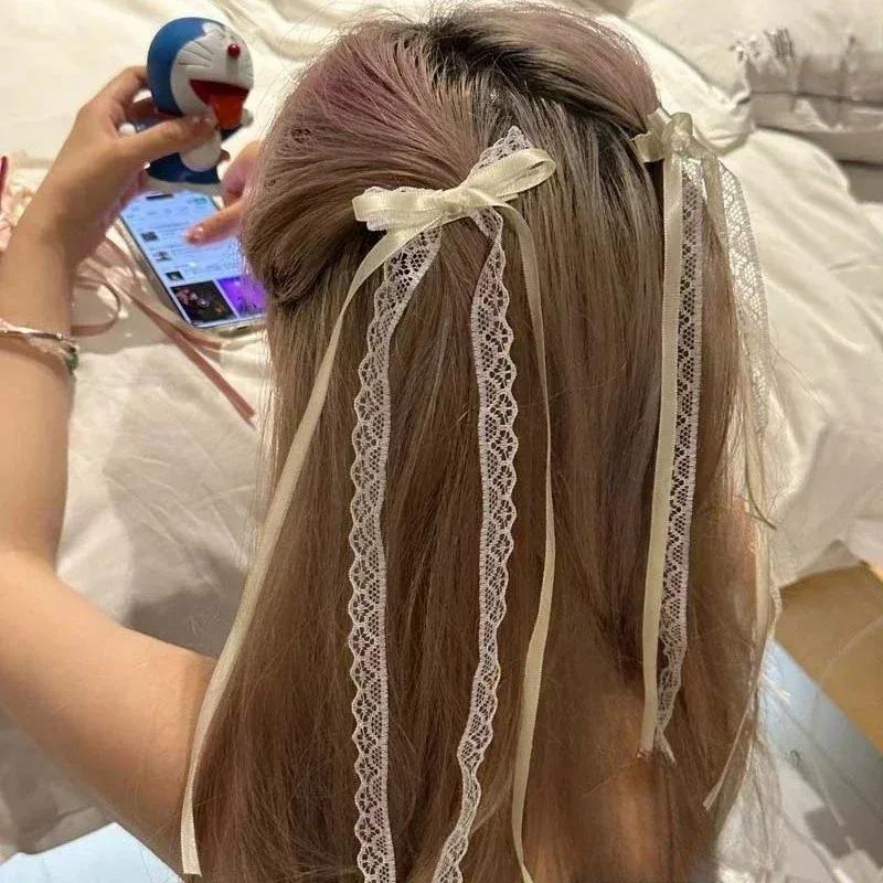 2/4Pcs Sweet Lace Bow Hair Clip White Ribbon Tassel Design Hollow Out Barrettes for Women Girls Trendy Hair Accessories