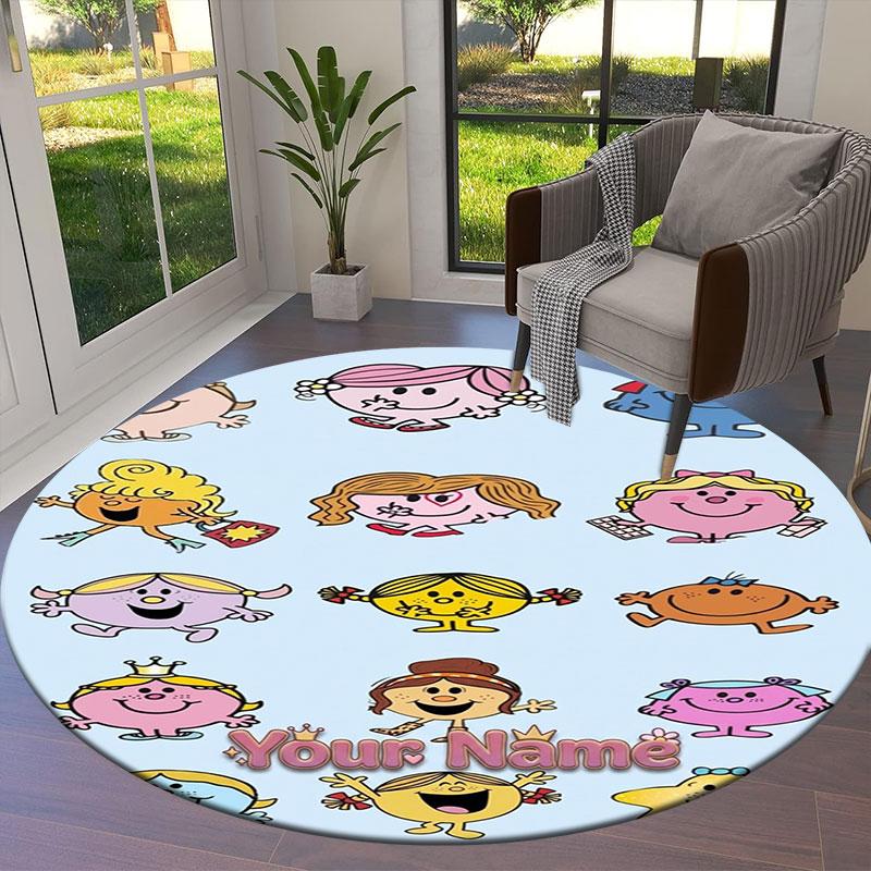 Mr. Men Little Miss Custom Name Round Area Rug,Carpet Rug for Living Room Bedroom Sofa Playroom Decor,Non-slip Floor Mat