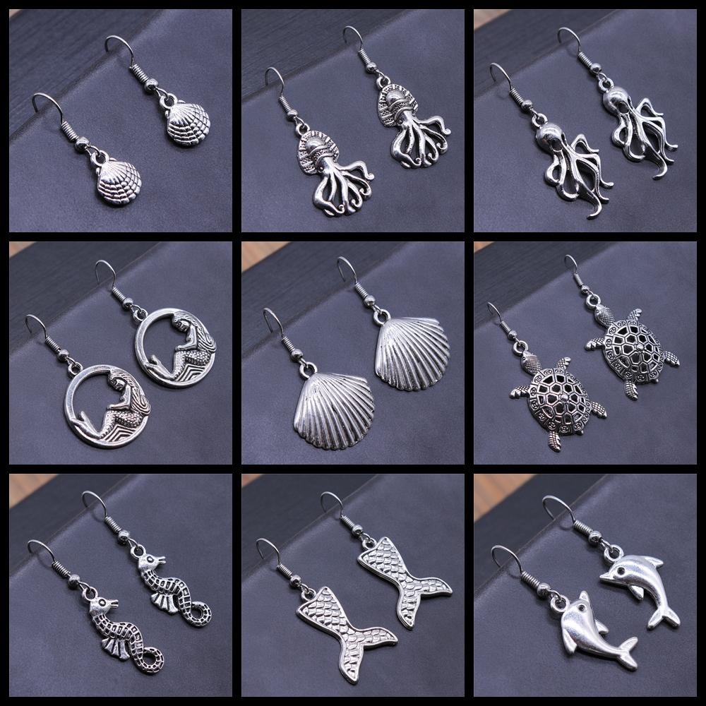 Sea Animal Marine Life Dangle Earring Vintage Shell Dolphin Octopus Squid Turtle Mermaid Shaped Earring For Women Summer Earring