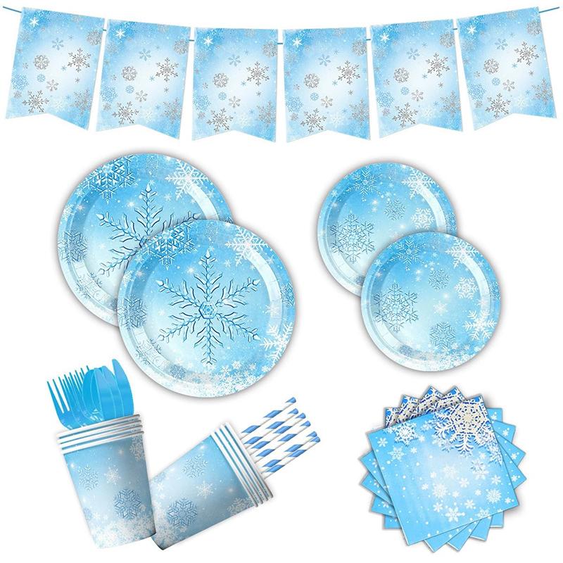 Frozen Birthday Party Supplies Disposable Tableware Winter Snowflake Paper Plates Napkins Cups for Baby Shower Christmas Decor