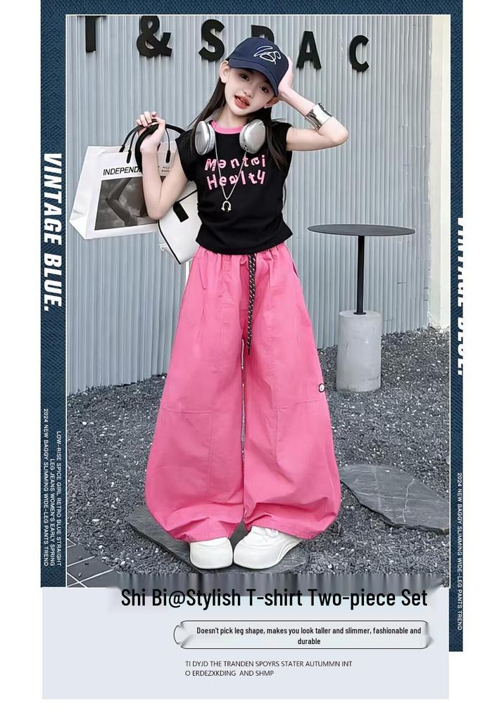 Girls' Korean Style Sleeveless T-shirt & Wide-Leg Pants Set - Casual Summer Street Dance Outfit