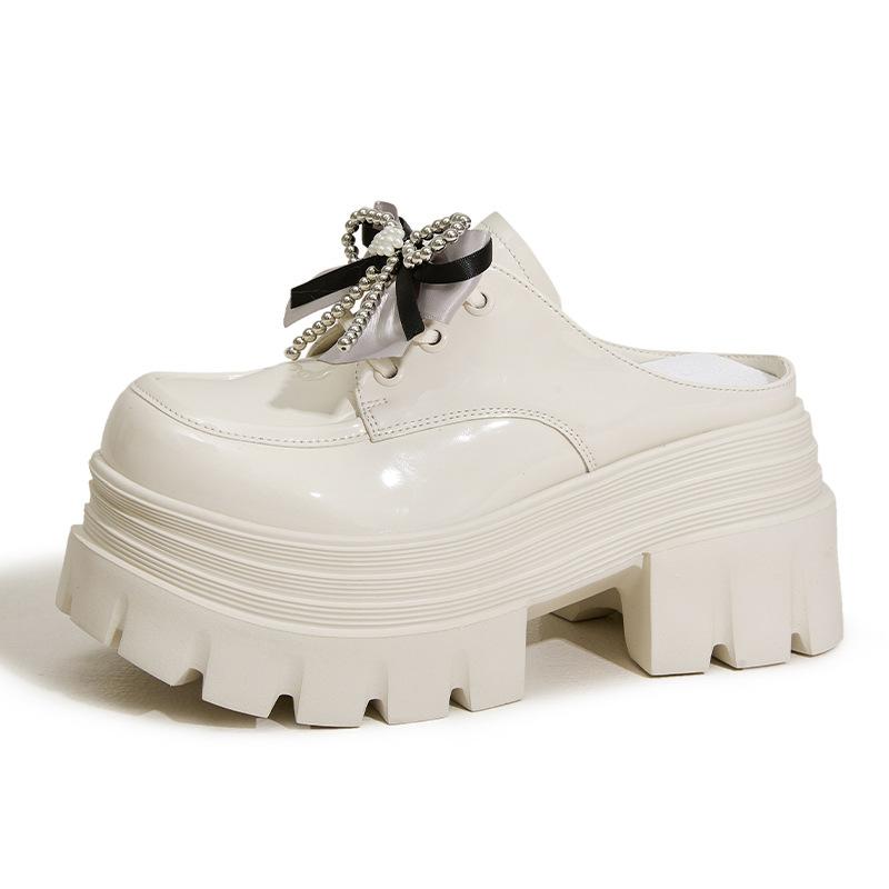 

Женские лоферы на платформе с бантом, лето 2025, новинка, британский стиль, черные туфли из маленькой кожи, универсальные туфли-полушлепки с закрытым носком 39 бежевый