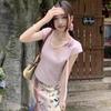 2025 Light Purple Square Neck Knit Ribbon T-Shirt - Women's Short Sleeve Top