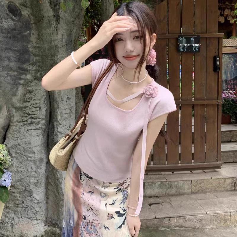 

2025 Light Purple Square Neck Knit Ribbon T-Shirt - Women s Short Sleeve Top S чёрный