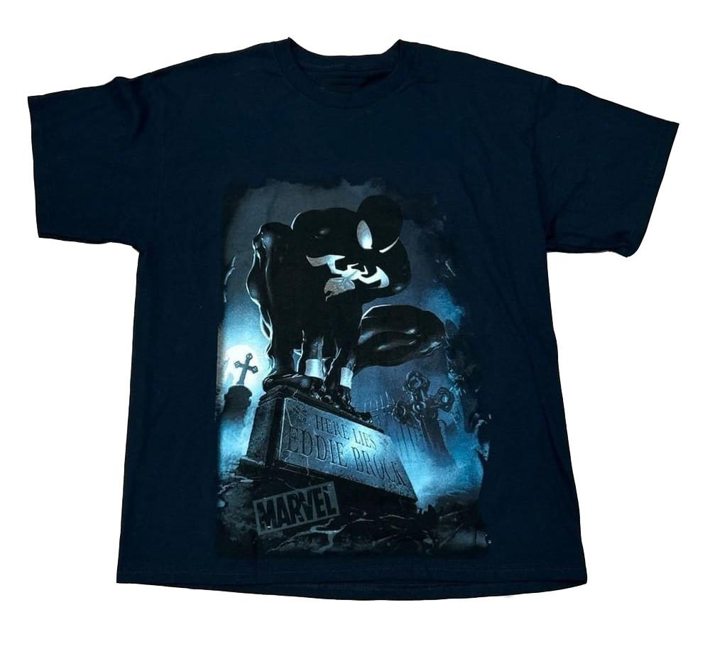 Marvel Человек-паук Здесь лежит Эдди Брок Футболка Светящаяся в темноте Репринт НОВАЯ Унисекс Футболка S