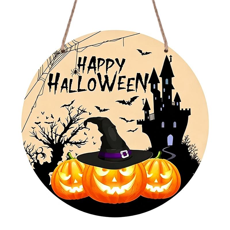 2D Flat Aluminum Decorative Plaques and Ornaments Sign, Halloween Hanging Plaque with Pumpkin Witch Hat Bat Castle Design, Spooky Wall Decor for