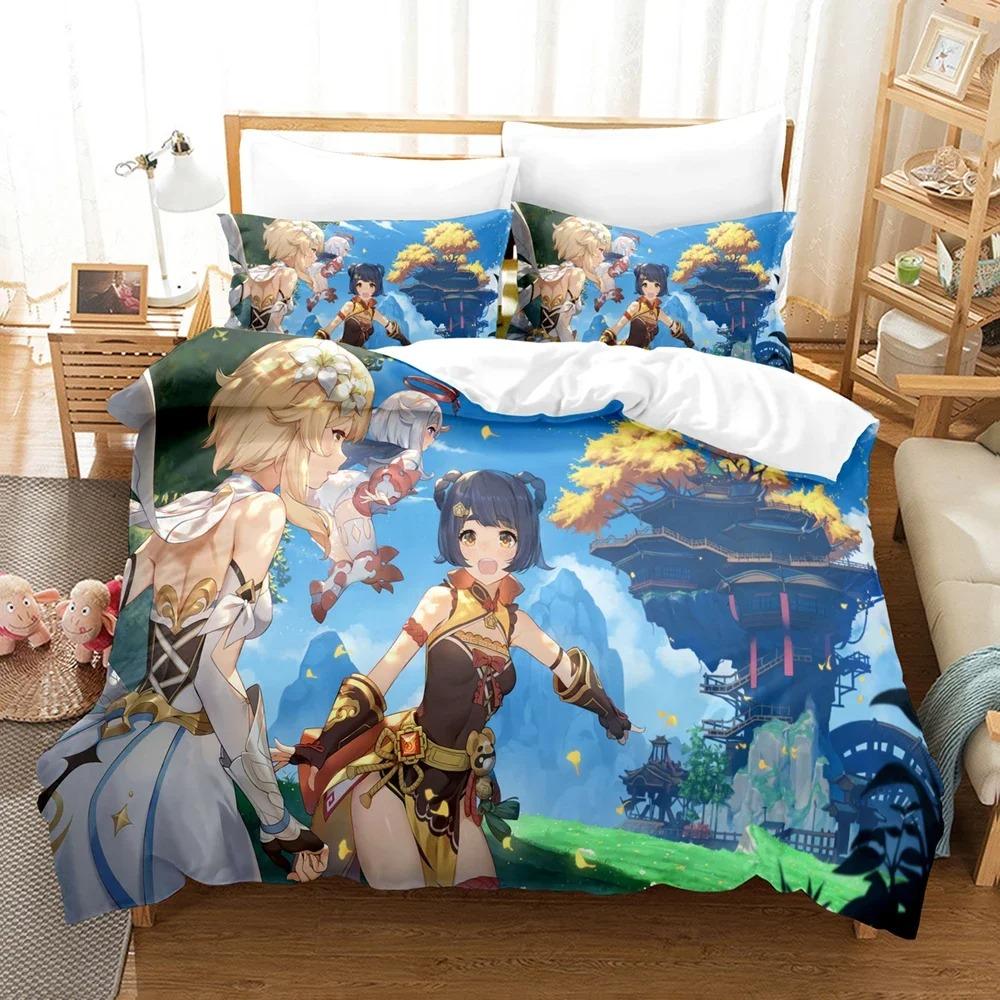 3D Printed Genshin Impact Bedding Set Winter Warm Polyester Quilt Cover Cartoon Game Design 3PCS