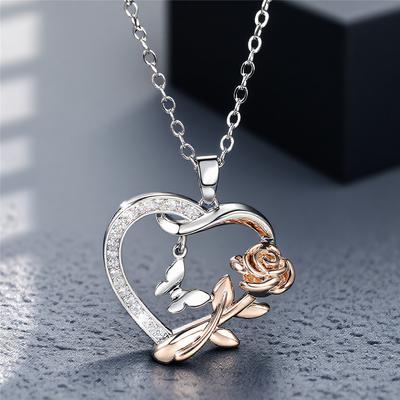 Female Crystal White Zircon Stone Rose Flower Butterfly Heart Pendant Necklace Vintage Silver Color Wedding For Women