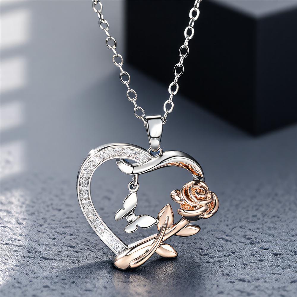 Женское ожерелье-подвеска Цветок розы Бабочка Сердце с белым цирконом Кристалл Винтажный Серебряный цвет Свадебное Для женщин