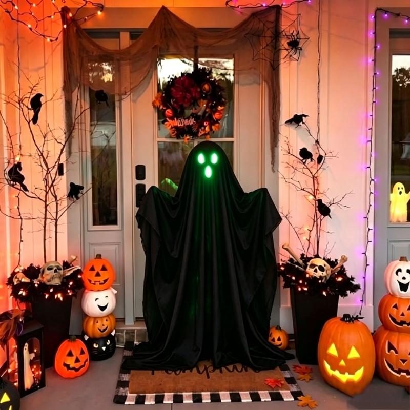 Hanging Halloween Figure With Face Light and Black Fabric Finish, Seasonal Entryway Window Yard Piece for Party and Porch Display In Holiday Homes