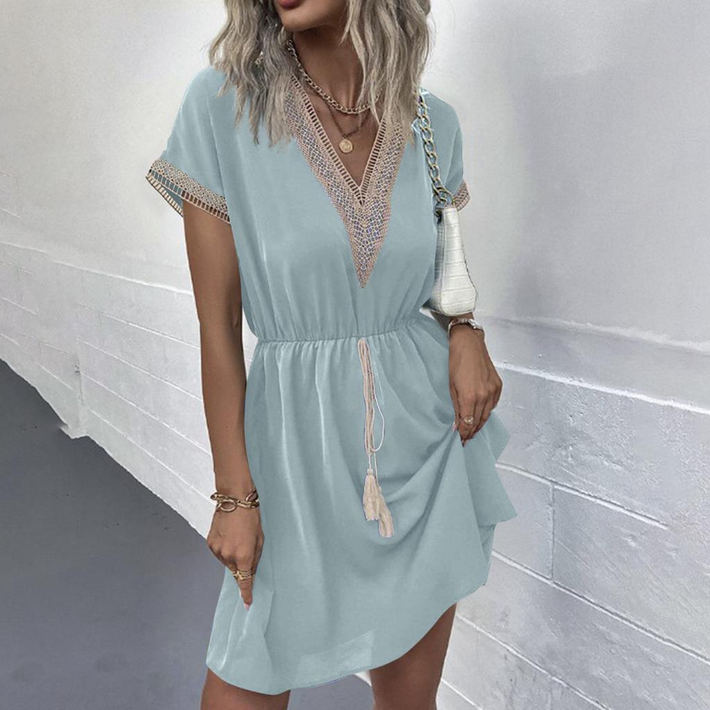 Women's V-neck Lace Trimmed Waist Cinching Short Sleeved Dress