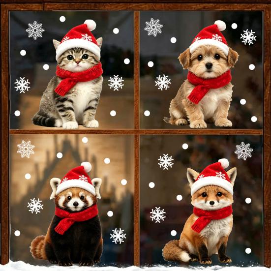 Durable Holiday Window Stickers Christmas Animal Static Clings, Cute Cat/Puppy/Racoon Stickers, PVC Winter Home Accents Waterproof Glass Sticker