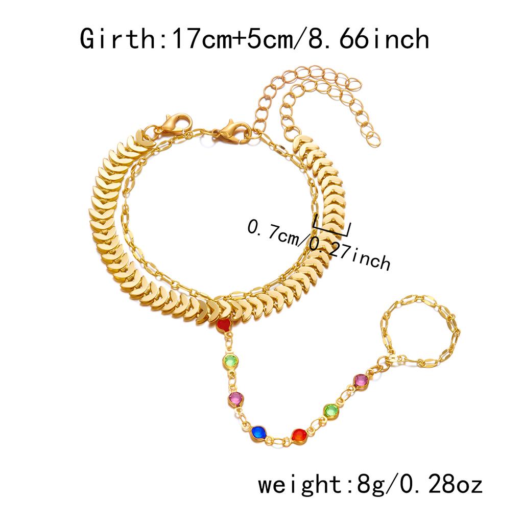 Boho Gold Color Leaf Rainbow Stone Chain Bracelet for Women Vintage Multilayer Finger Ring Hand Bracelet Fashion Jewelry Gift