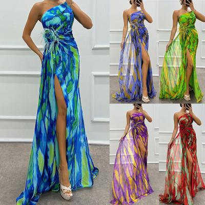 Women's One Shoulder Chiffon Maxi Dress Slim Color Print High Slit Feather Party Evening Gown