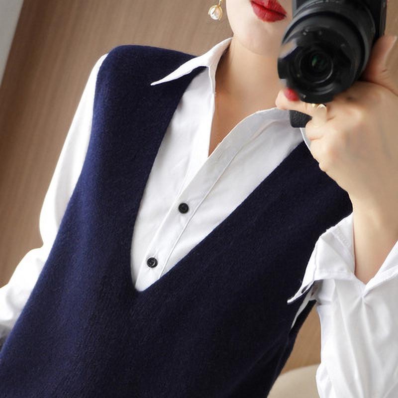 Colete Tricotado Primavera Verão Feminino Gola V Sem Mangas Pulôver Moda Solto Fino Peça Externa Outono Inverno