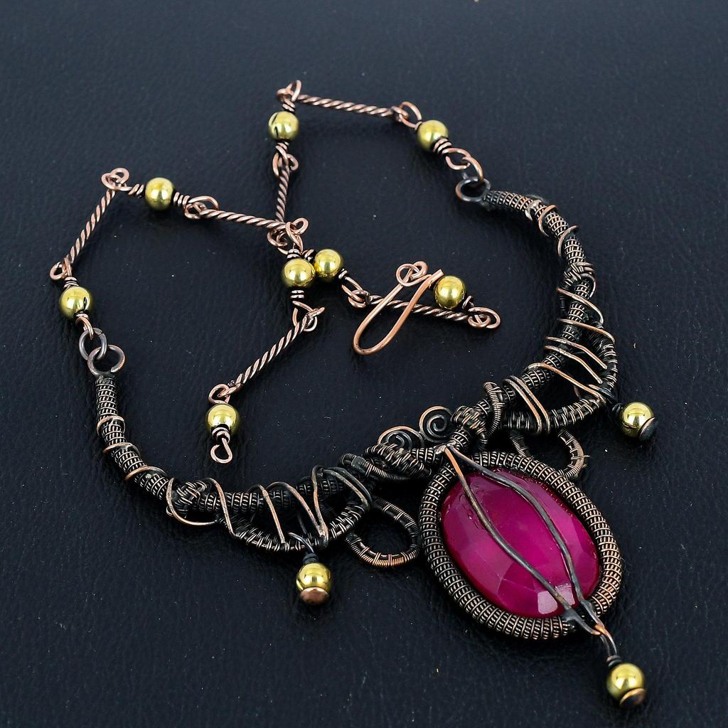Ruby Necklace, Handmade Gemstone Necklace, 999 Copper Wire Wrapped Necklace Antique Jewelry