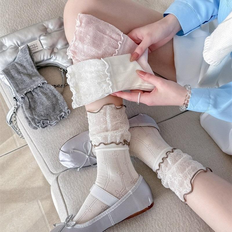 Ballet-style Double-layer Wooden Ear Cuff Children's Summer Lightweight Mesh Breathable Solid-color Pile-up Socks