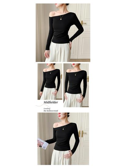 Off-the-Shoulder Ribbed Cotton Slim-Fit Top for Women - Autumn/Winter Collection
