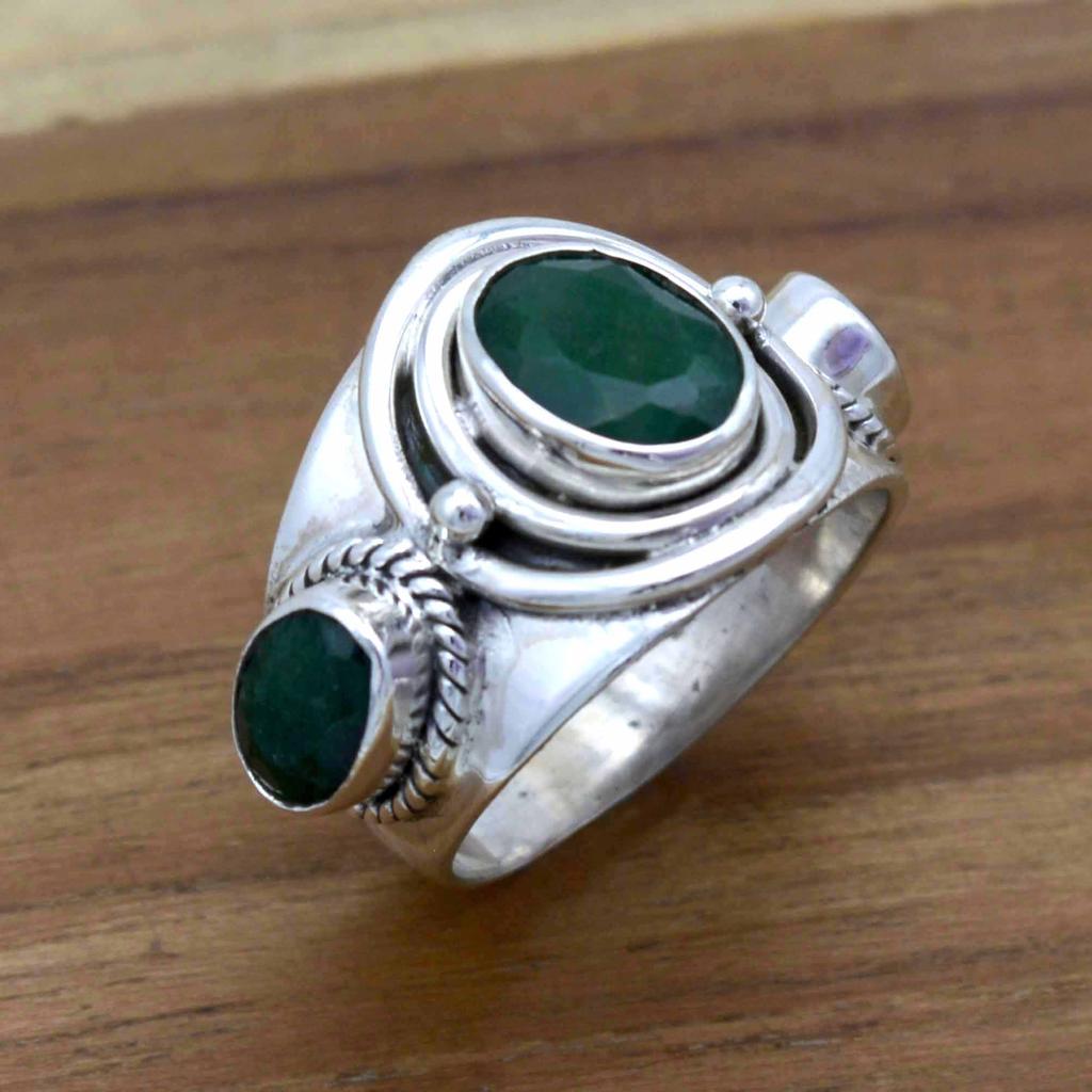 Emerald Gemstone Silver Signet Ring 925 Sterling Silver Artisan Handmade Jewelry, Wedding Gift For Him Her